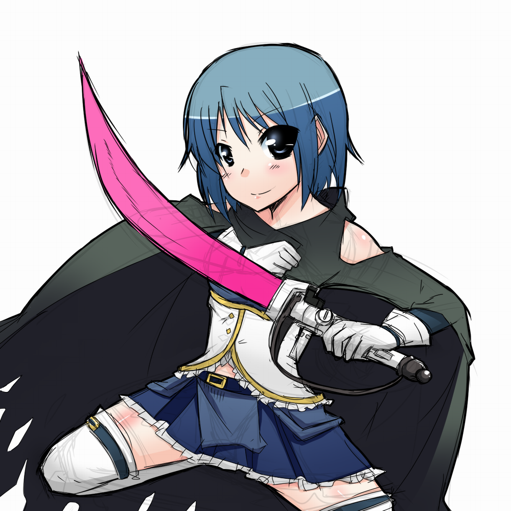 bare_shoulders, blue_eyes, blue_hair, blush, cape, gloves, magical_girl, mahou_shoujo_madoka_magica