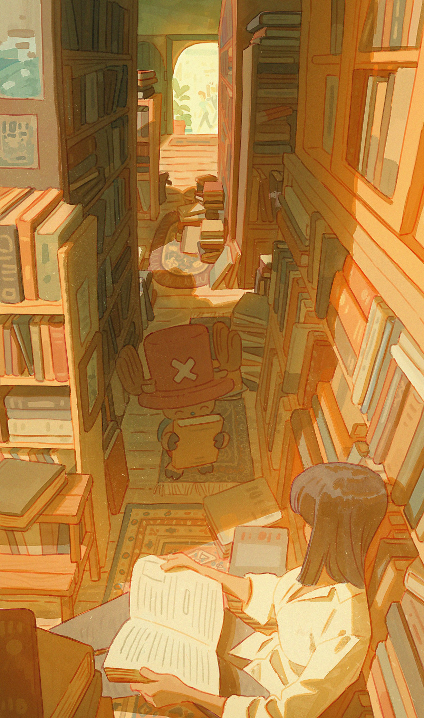 2boys, 2girls, ^_^, absurdres, against_bookshelf, antlers, blonde_hair, book