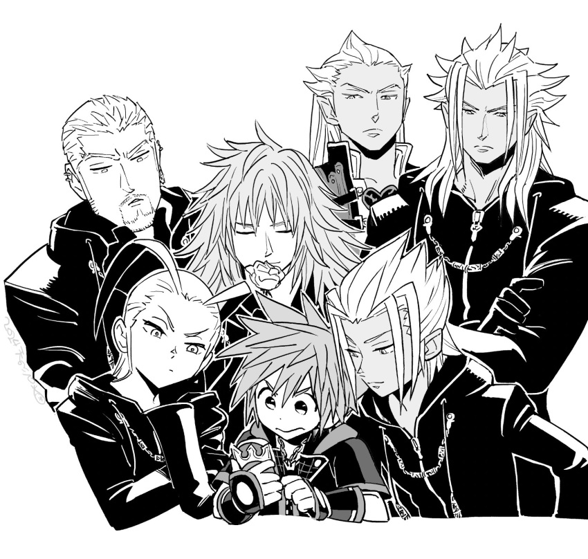 >:(, 1girl, 6+boys, amano_shiro, ansem_seeker_of_darkness, antenna_hair, black_coat_(kingdom_hearts), cellphone
