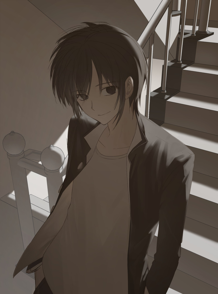 1boy, absurdres, backlighting, black_eyes, black_hair, black_jacket, black_pants, closed_mouth