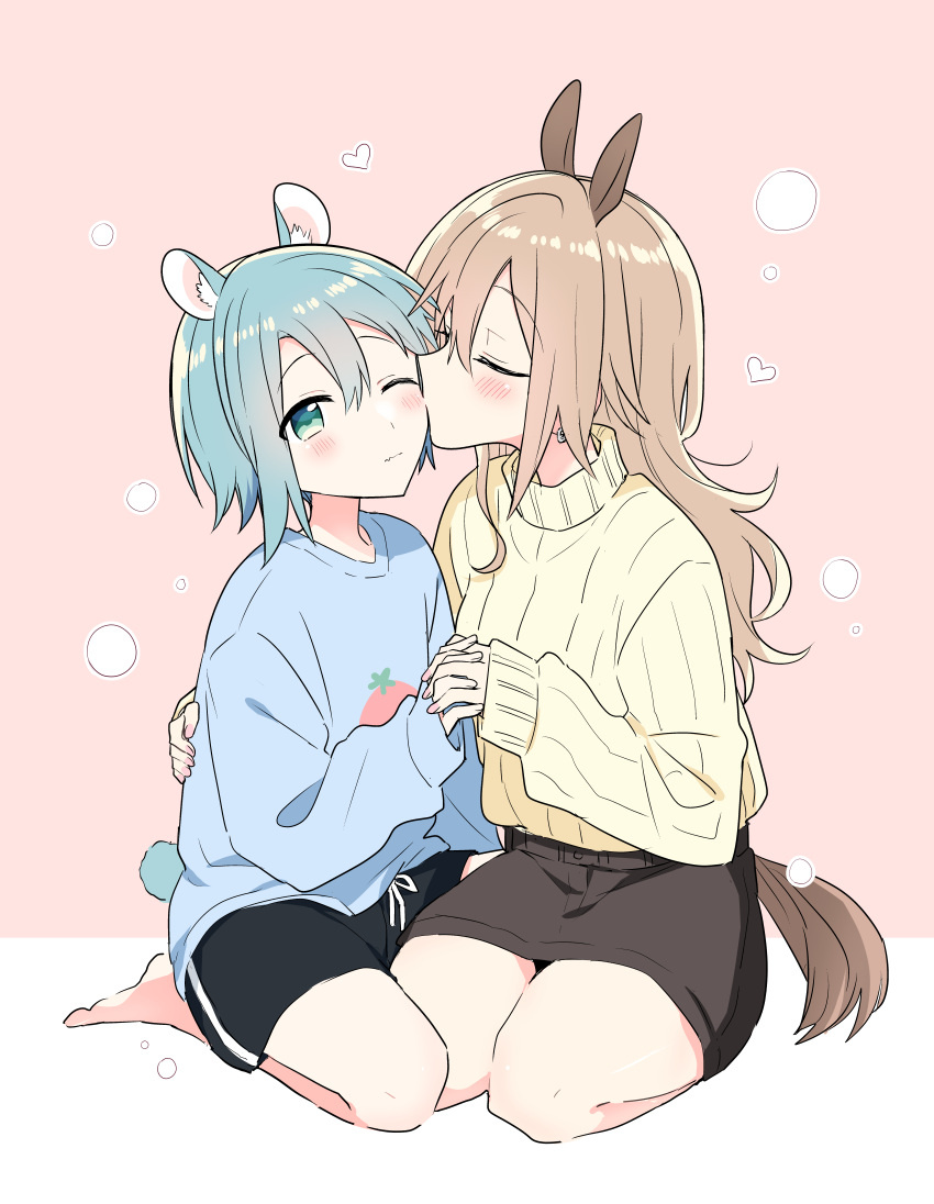 2girls, absurdres, animal_ears, aqua_eyes, black_shorts, blue_hair, blue_sweater, brown_hair