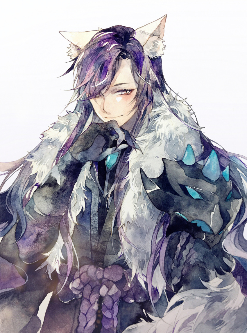 1boy, animal_ears, aqua_gemstone, asymmetrical_bangs, black_shirt, character_request, chest_jewel, claws