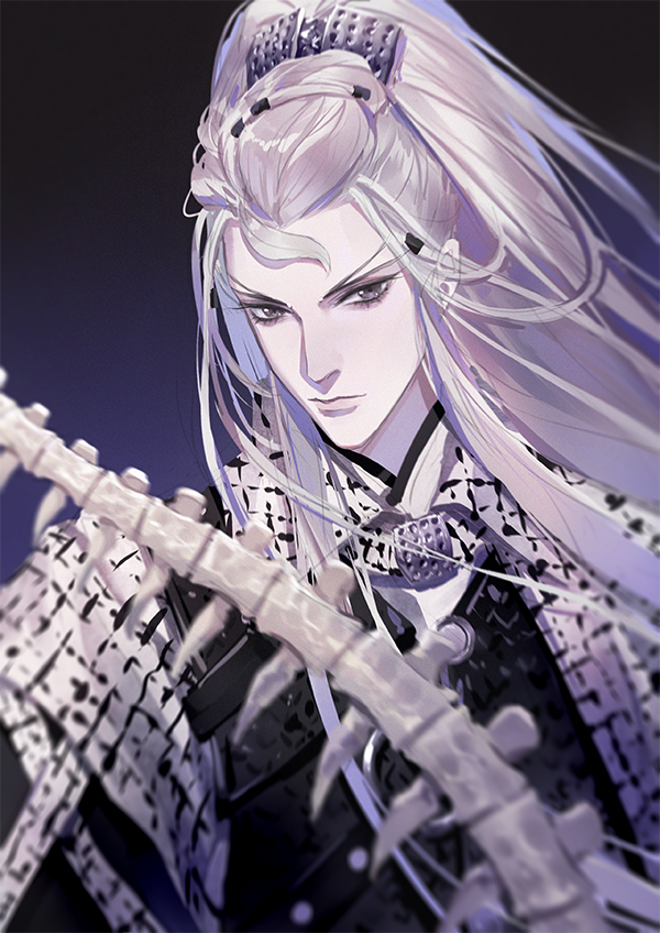 1boy, black_background, blurry, closed_mouth, depth_of_field, gradient_background, grey_eyes, hair_ornament