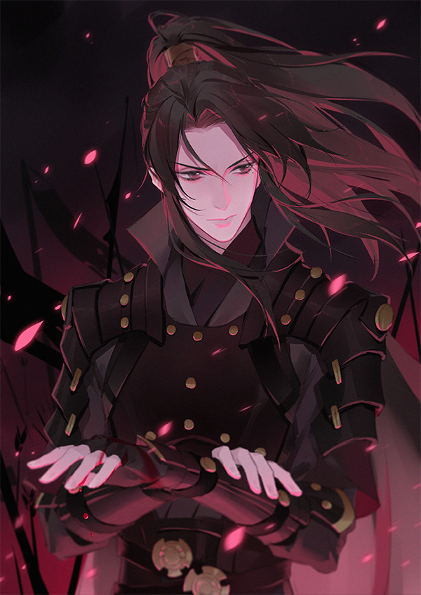 1boy, armor, belt, black_hair, brown_eyes, closed_mouth, crossed_arms, fingerless_gloves