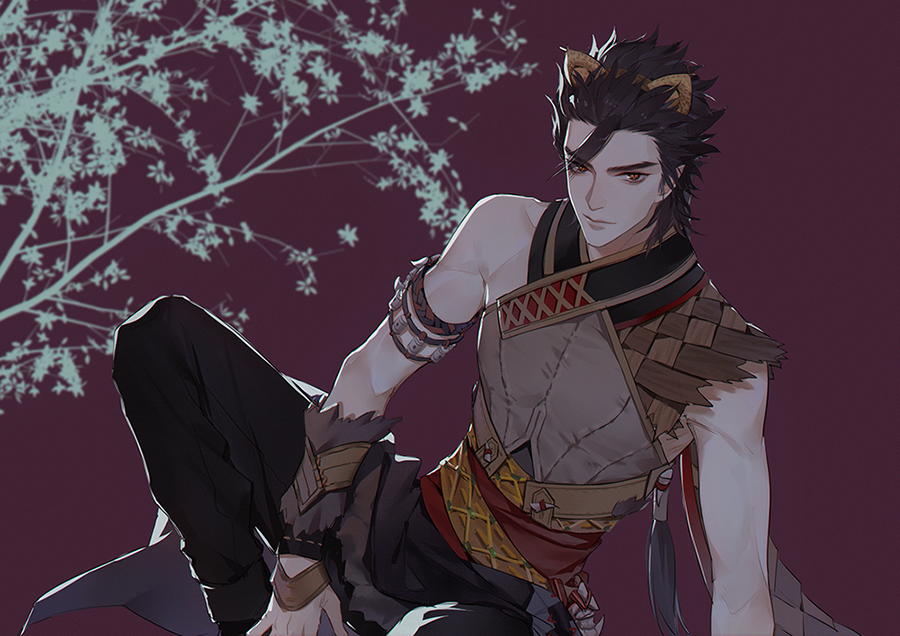 1boy, animal_ears, armlet, armor, bare_shoulders, bei_luo_(gujian_qitan), black_hair, black_pants, branch, brown_eyes, cat_boy, cat_ears, fur_trim, gujian_qitan_(series), jewelry, lion_ears, looking_at_viewer, male_focus, pants, reloon, simple_background, sitting, sleeveless, solo, tree