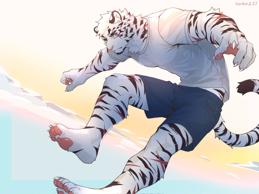 1boy, animal_ears, arknights, artist_name, barefoot, blue_eyes, blue_shorts, chinese_commentary