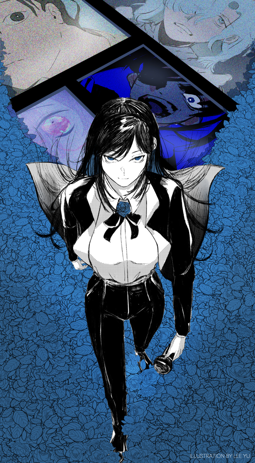 1girl, absurdres, ado_(utaite), black_coat, black_hair, black_pants, blue_flower, blue_hair