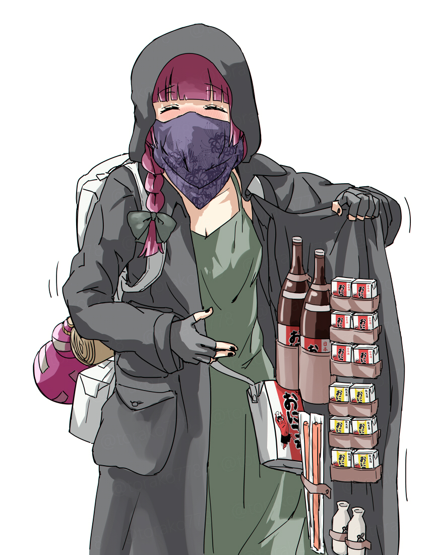 alcohol_carton, backpack, bag, bandana, bandana_over_mouth, black_bow, black_coat, black_gloves