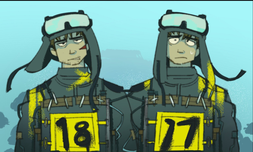 2boys, commentary, english_commentary, goggles, goggles_on_head, highres, jacket, looking_at_viewer