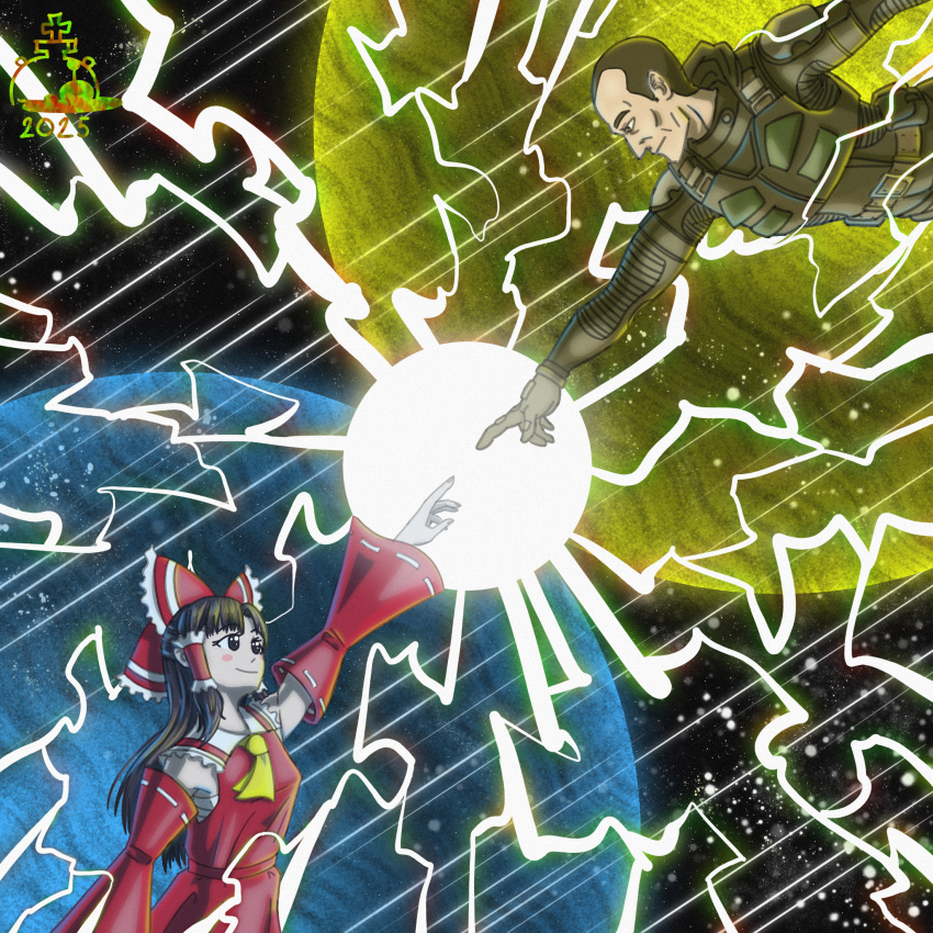 1girl, 2025, antykvarnyy_kalamar, ascot, balding, collision, crossover, detached_sleeves, hakurei_reimu, highres, japanese_clothes, long_hair, meme_attire, miko, military, red_ribbon, ribbon, shirt, simple_background, sleeveless, sleeveless_shirt, stalker_(game), strelok_(stalker), touhou, yellow_ascot