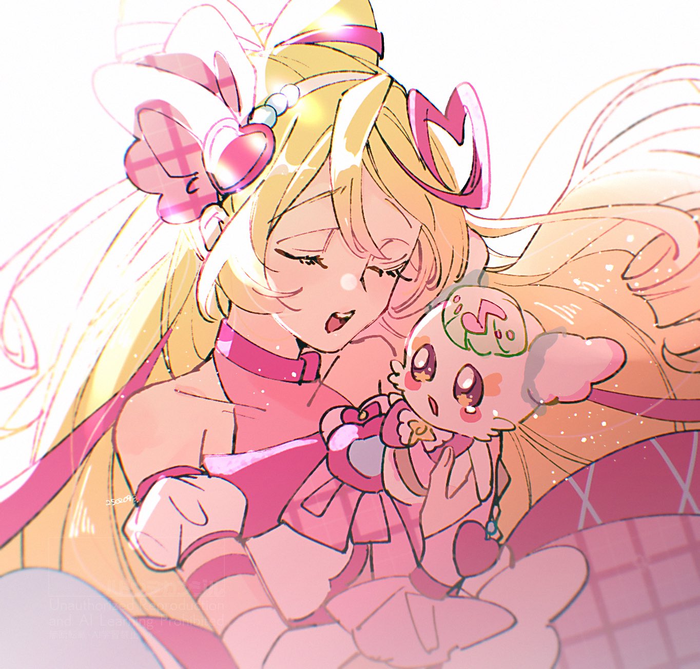 1girl, blonde_hair, closed_mouth, commentary_request, creature, cure_idol, feelthehadou, hair_between_eyes