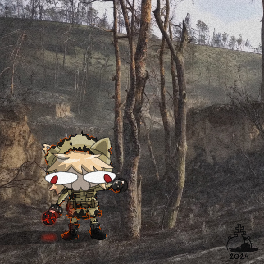 2024, :3, adapted_costume, anomaly_(stalker), antykvarnyy_kalamar, artifact_(stalker), blonde_hair, burning, crossover, forest, game_screenshot_inset, gameplay_mechanics, highres, meme, military, nature, stalker_(game), stalker_2:_heart_of_chornobyl