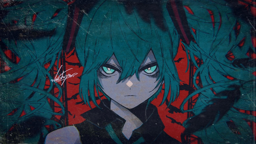 1girl, bags_under_eyes, bird, black_feathers, black_shirt, bright_pupils, closed_mouth, collared_shirt