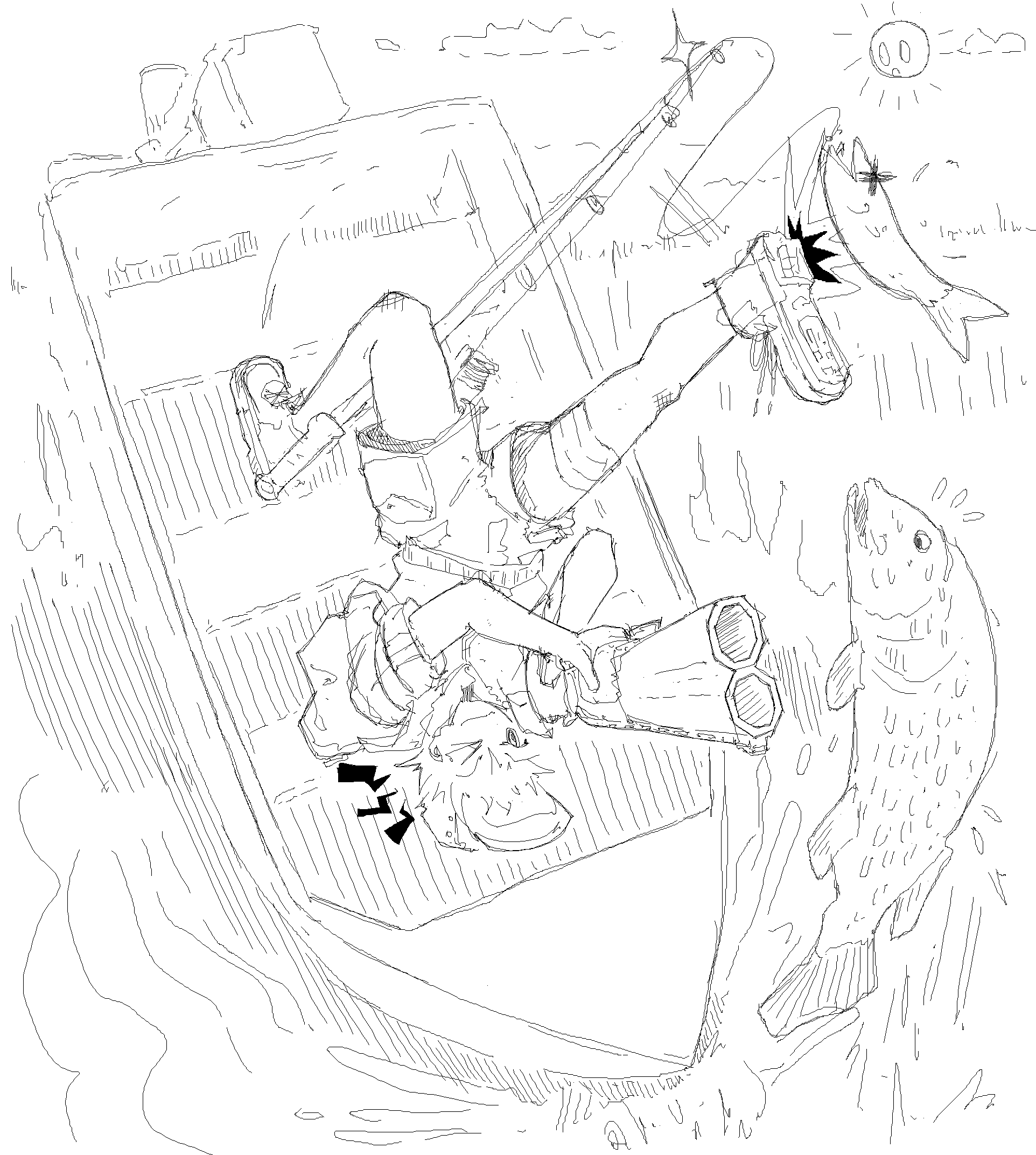 >_@, 1girl, aiming, arched_back, bandaged_leg, bandages, baseball_cap, boat, boots, closed_mouth, clouds, commentary, double-barreled_shotgun, english_commentary, fish, fisherman, fishing, fishing_line, fishing_rod, flying_sweatdrops, from_above, greyscale, gun, hat, highres, holding, holding_gun, holding_weapon, imax_3d, jacket, jaggy_lines, jumping, kicking, knee_up, lace-up_boots, leg_up, looking_at_animal, lying, monochrome, motor_vehicle, notice_lines, on_back, on_boat, original, reflection, reflective_water, ripples, short_hair, shorts, shotgun, sketch, sleeves_rolled_up, smile, solo, splashing, sun_with_face, tomboy, water, watercraft, weapon, white_background, x_x