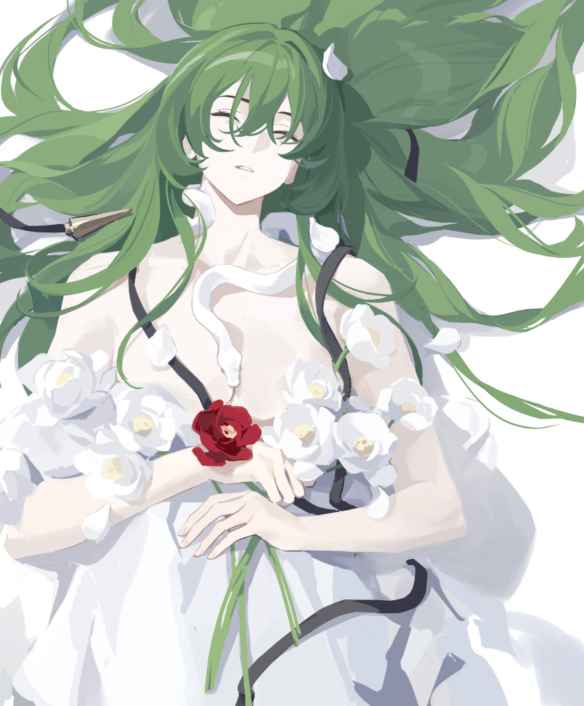 1other, absurdres, aldaduzuoaoda, androgynous, bare_shoulders, black_ribbon, closed_eyes, collarbone