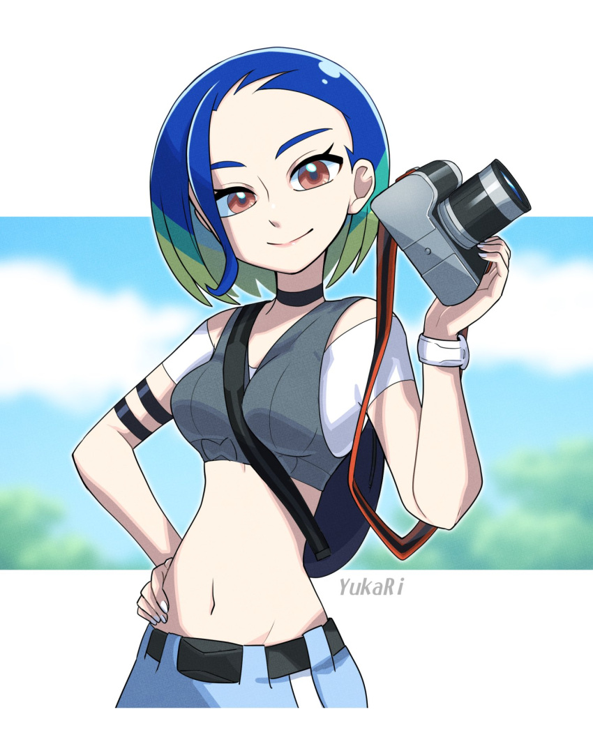 1girl, armband, artist_name, bare_shoulders, black_armband, black_choker, blue_hair, bob_cut
