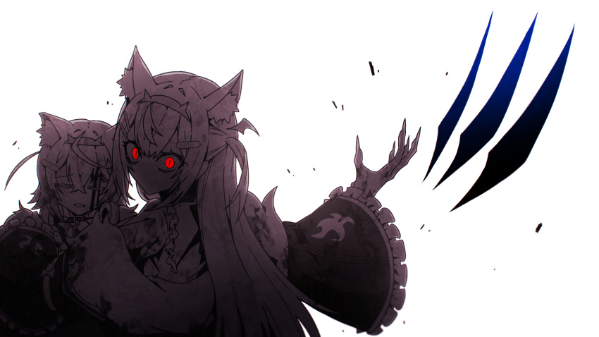 2girls, animal_ear_fluff, animal_ears, blood, blood_from_forehead, blood_on_clothes, blood_on_face, blood_splatter