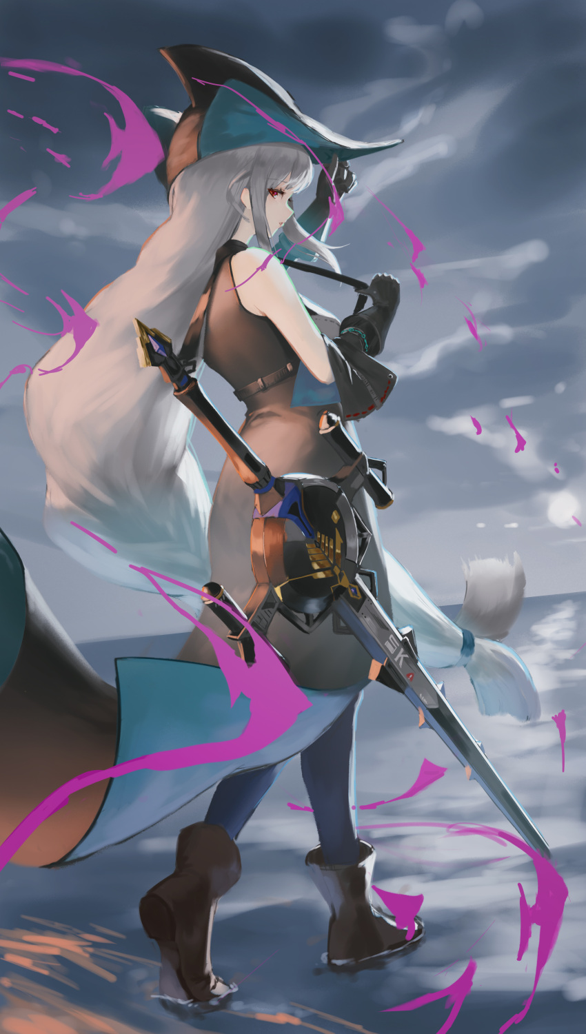 1girl, absurdres, angelfish, aqua_gloves, aqua_hat, arknights, bare_shoulders, black_gloves
