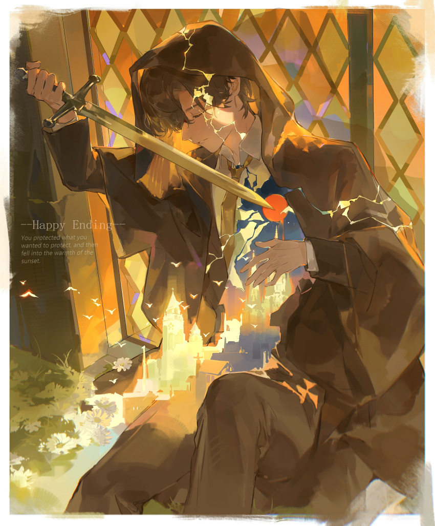 1boy, absurdres, against_glass, asymmetrical_bangs, backlighting, bird, black_hair, border