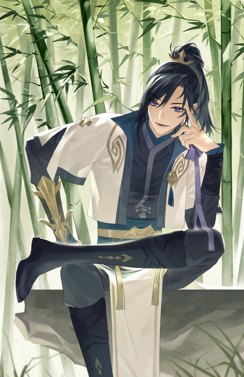 1boy, bamboo, bamboo_forest, black_hair, boots, chinese_clothes, forest, hair_between_eyes