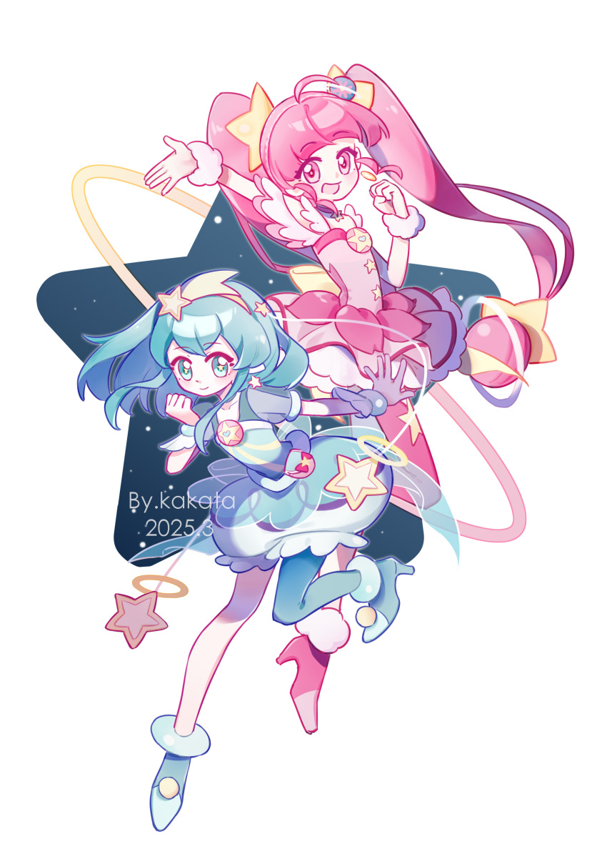 2girls, absurdres, ahoge, anklet, antennae, aqua_boots, aqua_dress, aqua_eyes