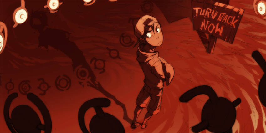 artist_request, baseball_cap, boy, carrying, cyndaquil, english, eyeball, gold_(pokemon), gold_(pokemon)_(classic), hat, looking_back, monochrome, pokemon, pokemon_(game), pokemon_gsc, pokemon_lost_silver, red, screencap, shadow, shirotsuki, shorts, sign, unown, unownglyphics