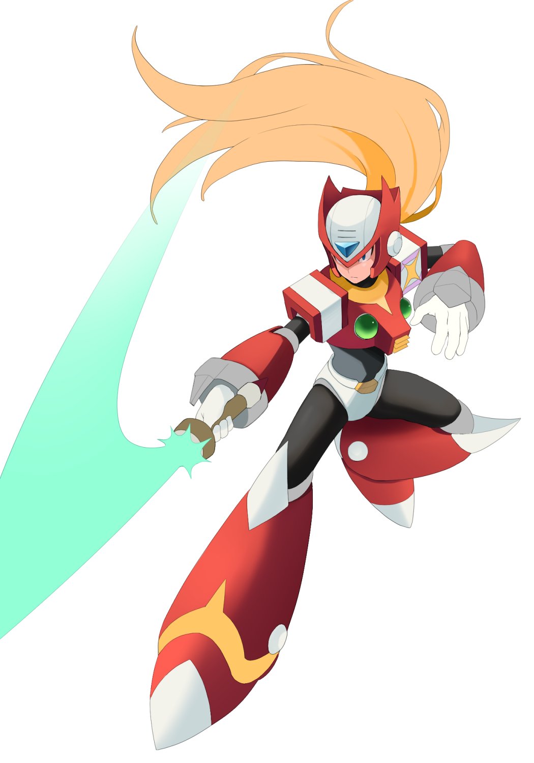 1boy, armor, blonde_hair, blue_eyes, chest_jewel, energy_sword, forehead_jewel, full_body