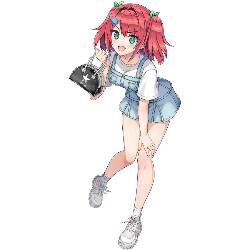 1girl, :d, aqua_eyes, bag, bent_over, blue_overalls, blush, casual