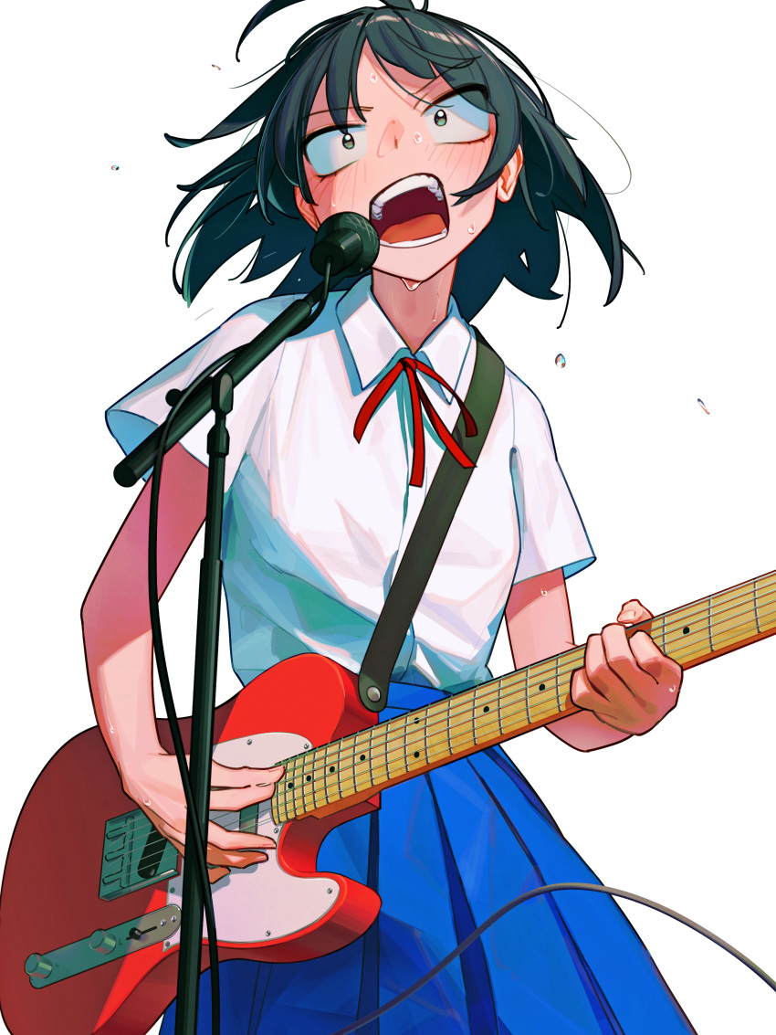 1girl, absurdres, ahoge, black_hair, blue_skirt, blush, cable, collared_shirt