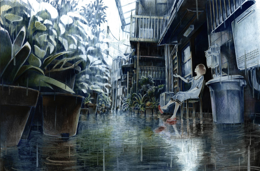 1girl, air_conditioner, architecture, brown_hair, chair, colored_pencil_(medium), dress, east_asian_architecture
