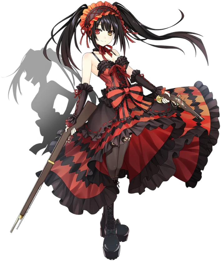 1girl, antique_firearm, bare_shoulders, black_hair, breasts, clock_eyes, date_a_live, date_a_live:_spirit_pledge