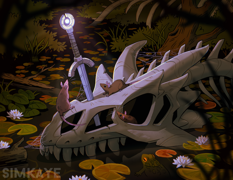 animal_skeleton, artist_name, blurry, blurry_foreground, commentary, dragon_horns, dragon_skull, english_commentary
