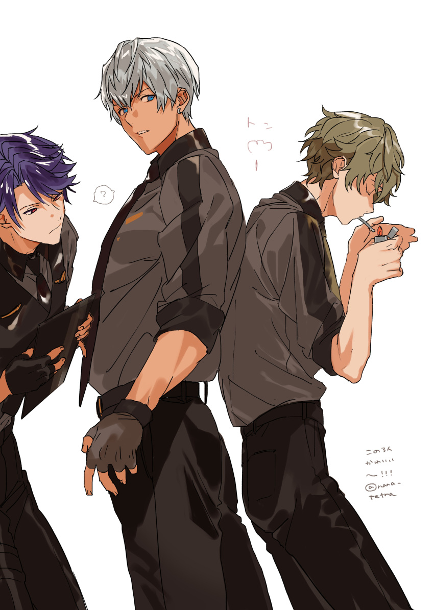 3boys, ?, absurdres, black_necktie, black_pants, black_vest, blonde_hair, blue_eyes