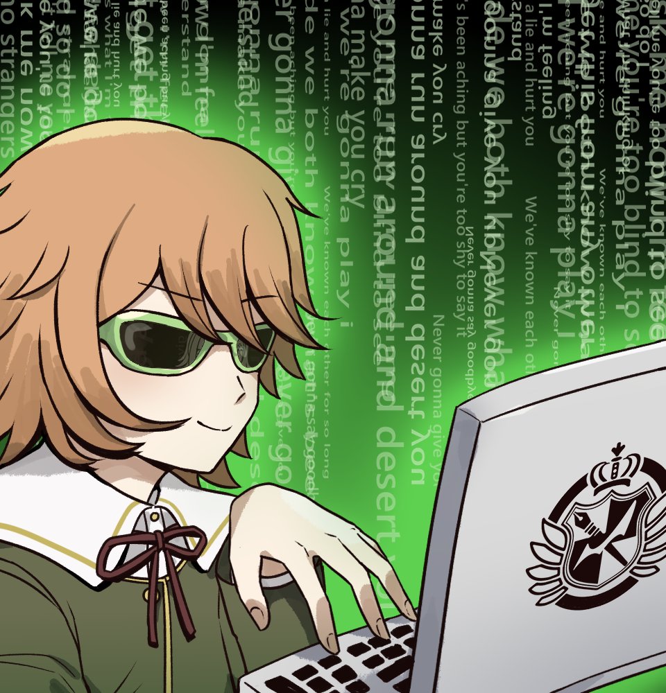 1boy, alter_ego_(danganronpa), black_ribbon, brown_hair, computer, danganronpa:_trigger_happy_havoc, danganronpa_(series), english_text