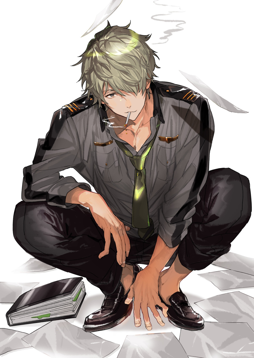 1boy, absurdres, black_pants, black_shoes, blonde_hair, book, cigarette, collarbone