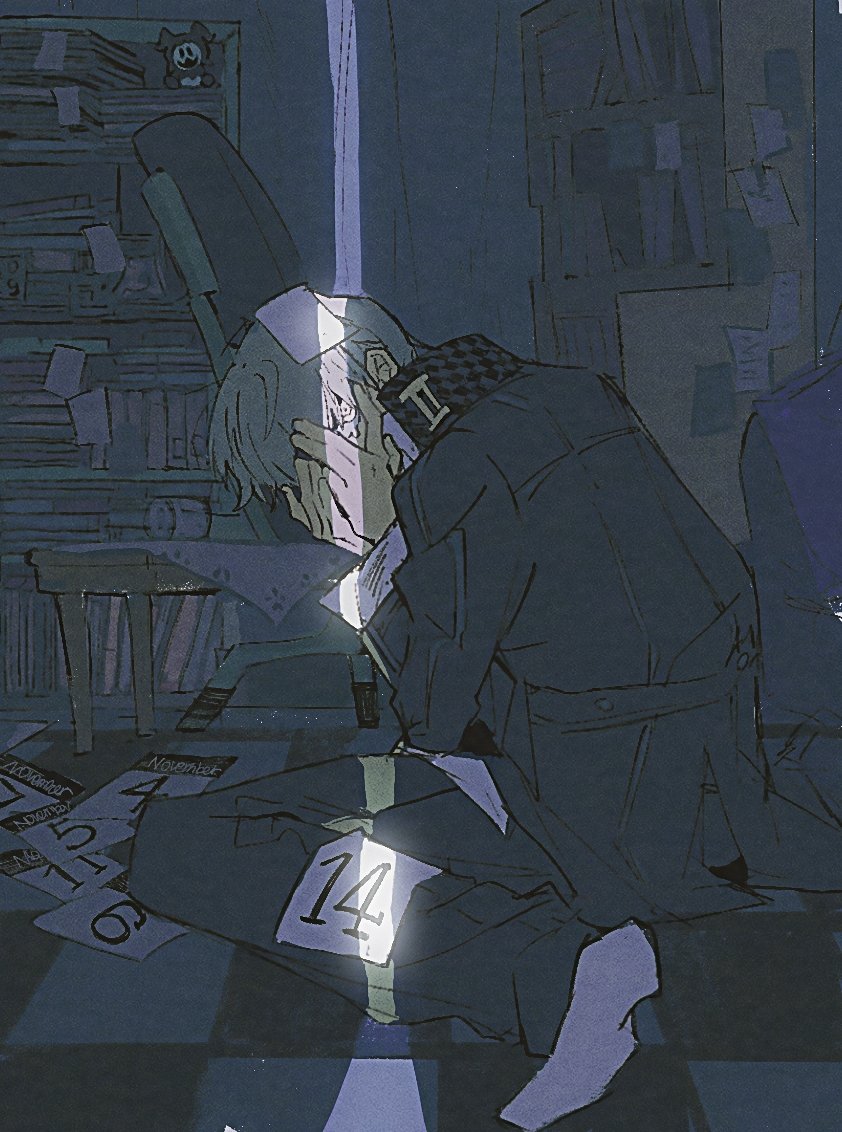 1boy, black_jacket, black_pants, bookshelf, calendar_(object), chair, character_doll, checkered_floor, collared_jacket, grey_hair, hamusitas, hands_on_own_face, houndstooth, jack_frost_(megami_tensei), jacket, layered_sleeves, long_sleeves, looking_at_viewer, male_focus, narukami_yuu, office_chair, pants, paper, persona, persona_4, popped_collar, school_uniform, short_hair, sitting, socks, solo, swivel_chair, wariza, yasogami_school_uniform, yellow_eyes