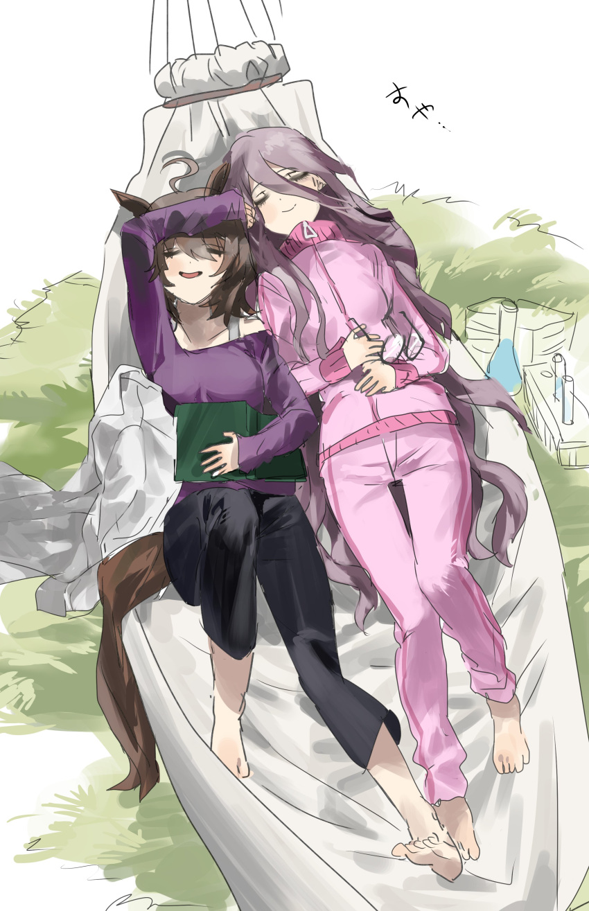 2girls, absurdres, agnes_tachyon_(umamusume), ahoge, animal_ears, arm_up, barefoot, black_pants