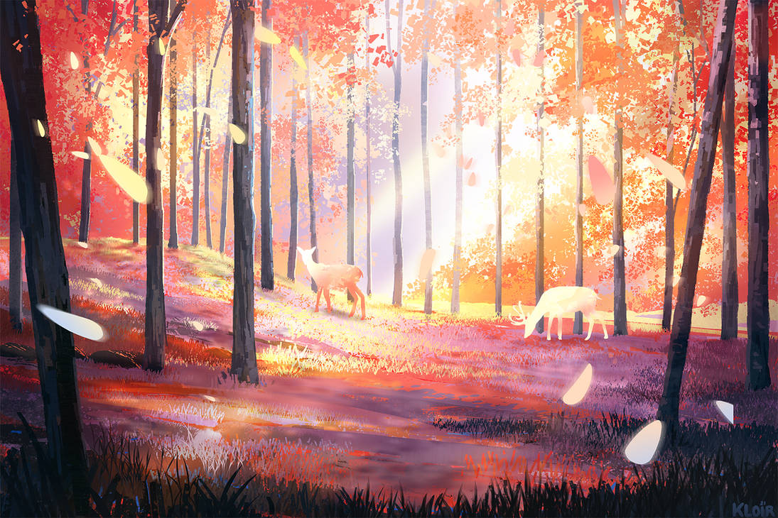commentary, deer, english_commentary, forest, kloir, landscape, nature, original
