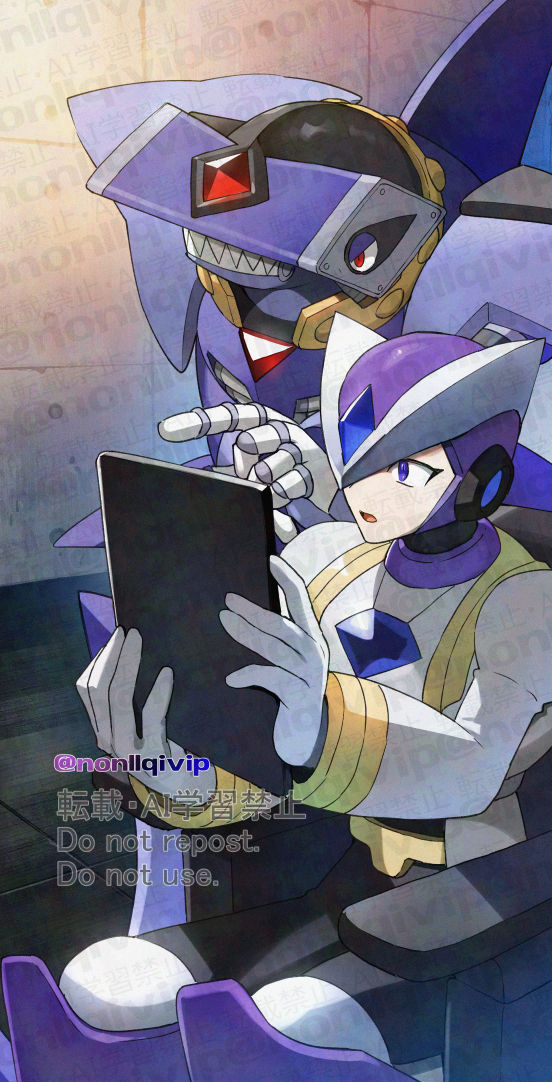2boys, armor, chest_jewel, coat, forehead_jewel, gate_(mega_man), helmet, lab_coat