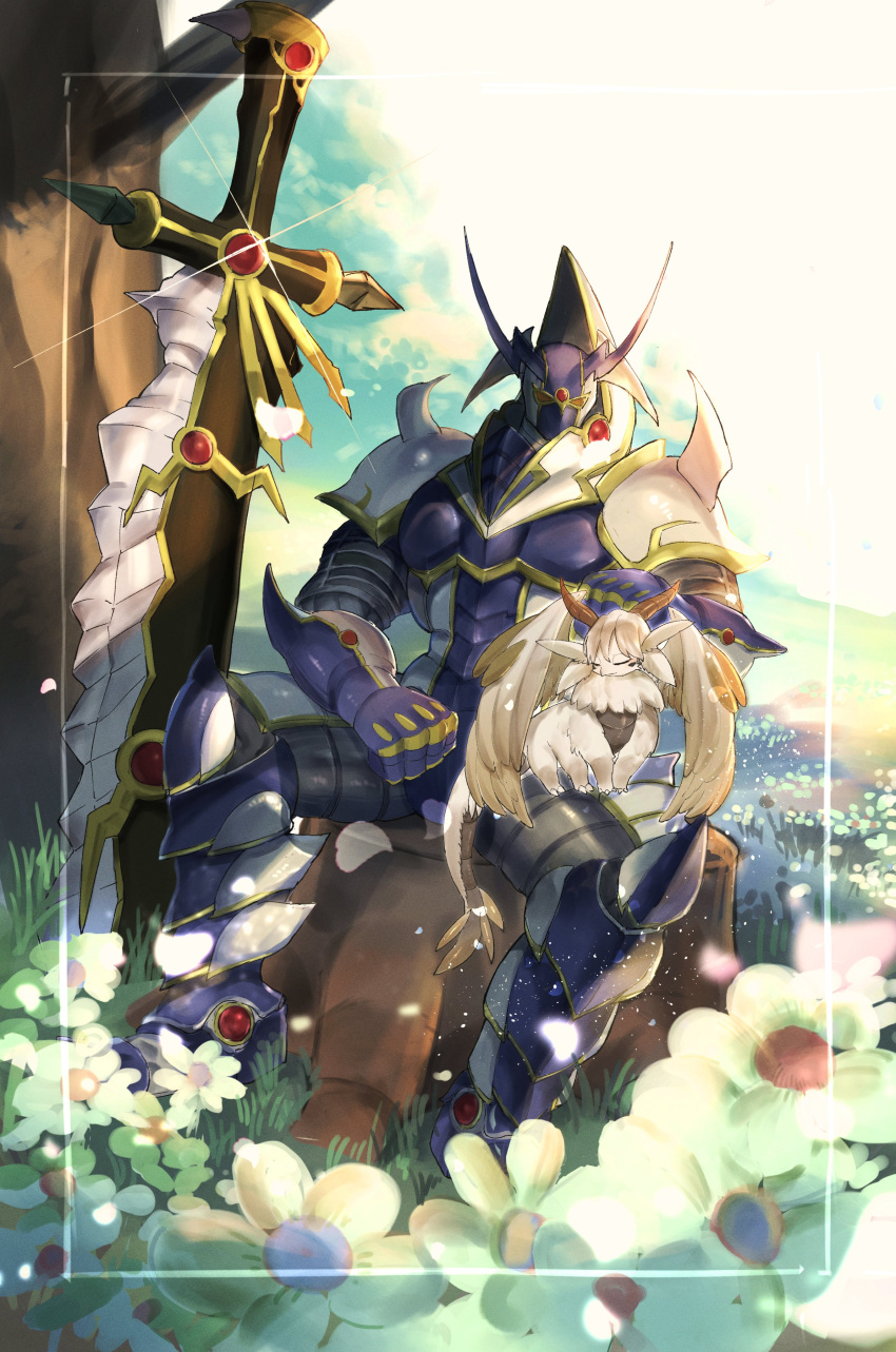 1boy, absurdres, armor, blurry, blurry_background, body_fur, buster_blader_the_dragon_destroyer_swordsman, buster_whelp_of_the_destruction_swordsman