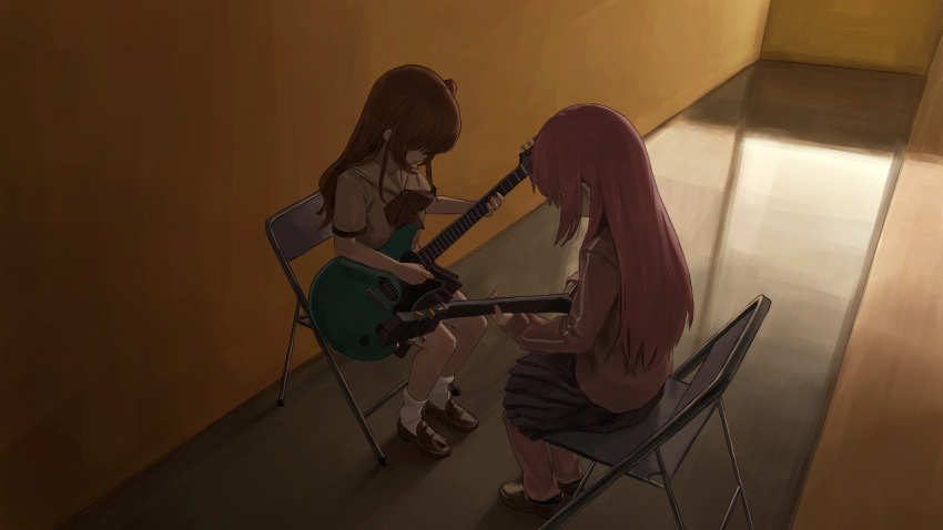 2girls, absurdres, an_yb, ankle_socks, black_skirt, black_sleeve_cuffs, bocchi_the_rock!, brown_shoes, chair, commentary_request, electric_guitar, empty_room, facing_another, folding_chair, from_above, full_body, gotoh_hitori, guitar, hair_over_eyes, highres, indoors, instrument, jacket, kita_ikuyo, loafers, long_hair, looking_down, medium_skirt, multiple_girls, music, neckerchief, on_chair, one_side_up, pants, pants_under_skirt, pink_hair, pink_track_suit, playing_instrument, pleated_skirt, red_hair, red_neckerchief, reflective_floor, sailor_collar, sailor_shirt, shirt, shoes, short_sleeves, sitting, skirt, socks, straight_hair, three_quarter_view, track_jacket, track_pants, track_suit, white_sailor_collar, white_socks