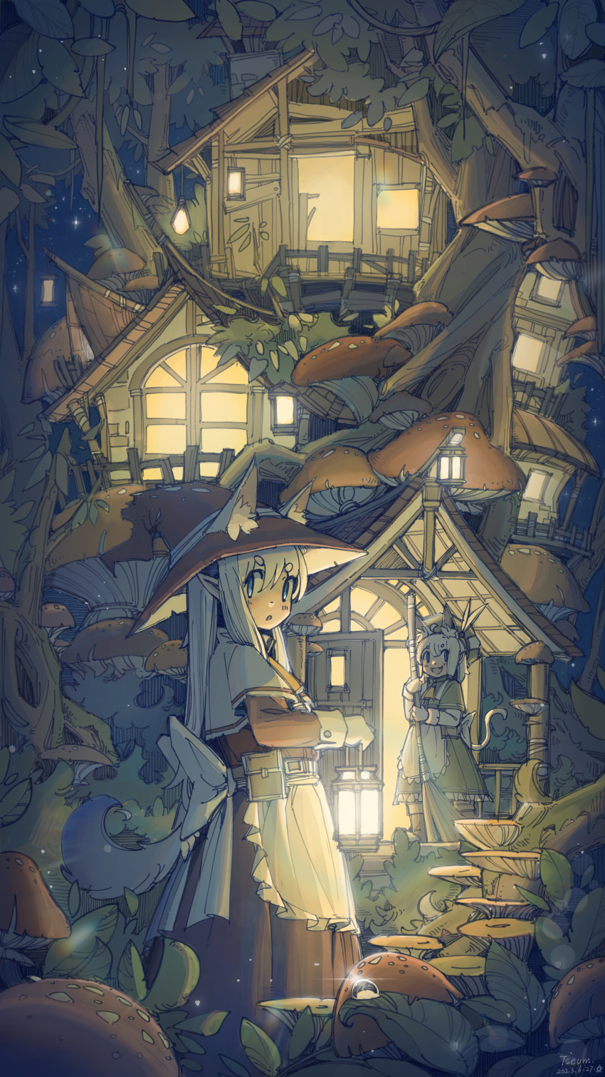 2girls, absurdres, animal_ear_fluff, animal_ears, apron, back_bow, balcony, belt