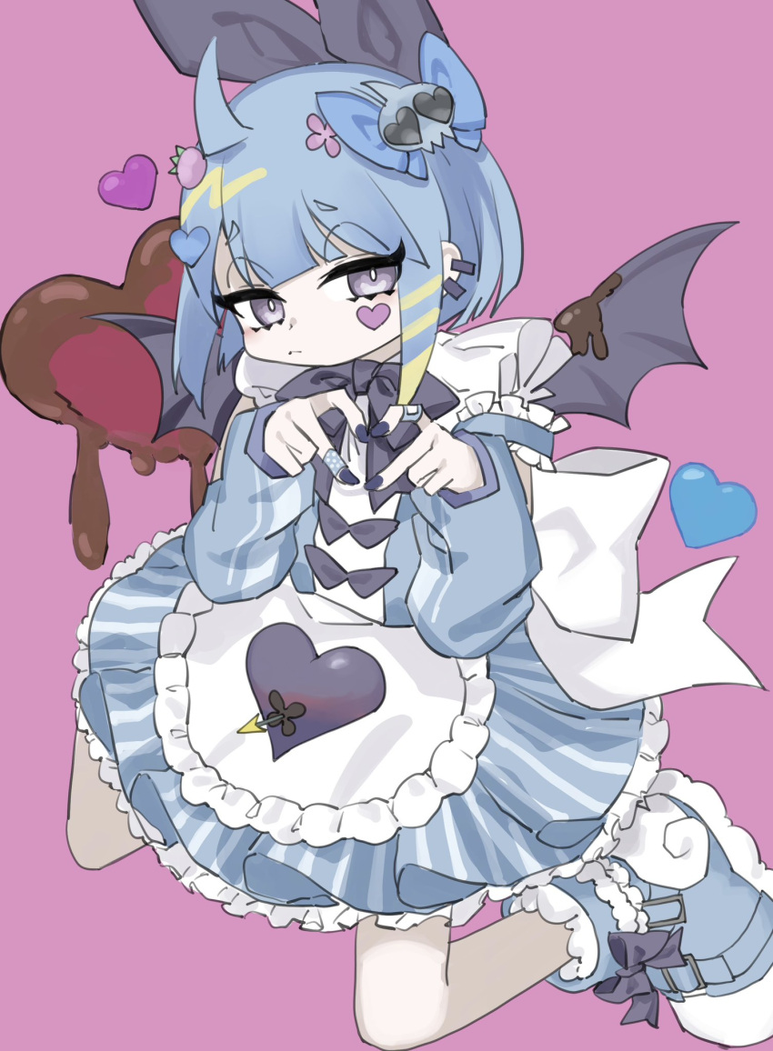 1girl, 4-finger_heart_hands, black_wings, blonde_hair, blue_dress, blue_eyes, blue_hair, chocolate