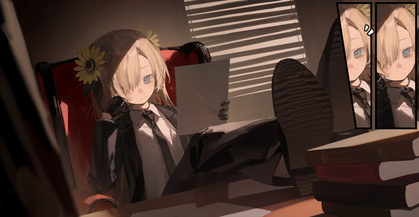 1girl, absurdres, black_gloves, black_pants, black_shoes, blonde_hair, blue_eyes, book