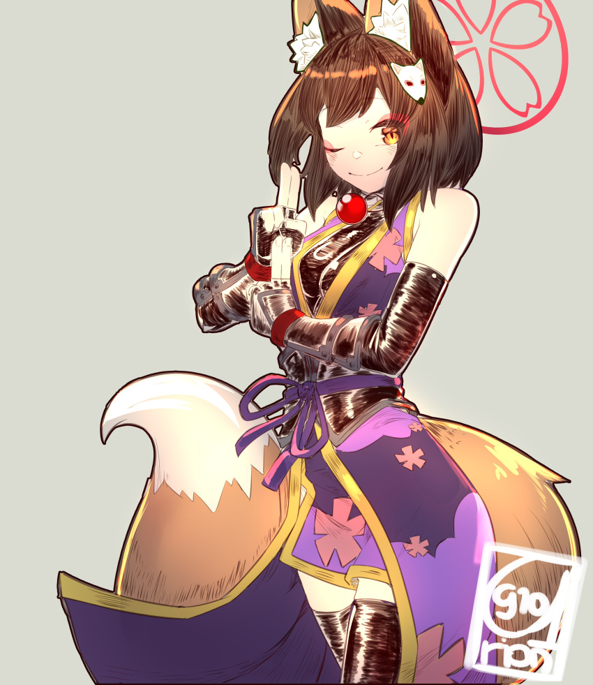 1girl, absurdres, alternate_costume, animal_ear_fluff, animal_ears, arion910, arm_guards, asumi_kana, blue_archive, brown_hair, cosplay, dog_days, eyeshadow, fingerless_gloves, fox_ears, fox_girl, fox_hair_ornament, fox_tail, gloves, grey_background, halo, highres, izuna_(blue_archive), japanese_clothes, jewelry, kimono, kuji-in, large_tail, looking_at_viewer, makeup, ninja, obi, one_eye_closed, pink_eyeshadow, pink_halo, purple_kimono, sash, short_hair, signature, smile, solo, standing, tail, thigh-highs, trait_connection, voice_actor_connection, yellow_eyes, yukikaze_panettone, yukikaze_panettone_(cosplay)