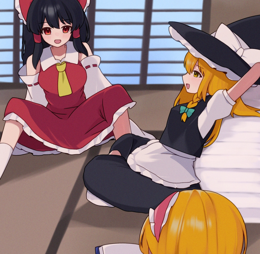 3girls, alice_margatroid, apron, ascot, black_hair, blonde_hair, blush, book