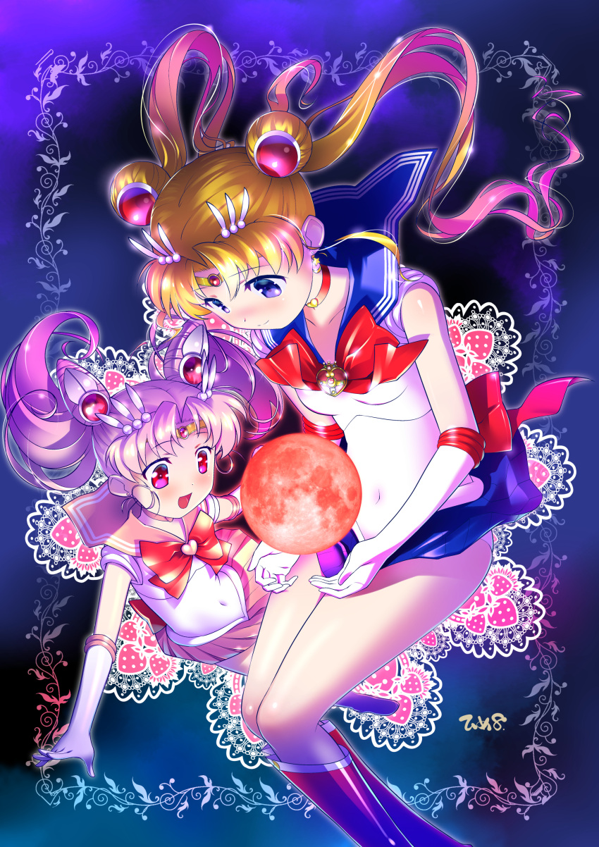 2girls, :d, absurdres, back_bow, bishoujo_senshi_sailor_moon, blonde_hair, blue_eyes, blue_sailor_collar
