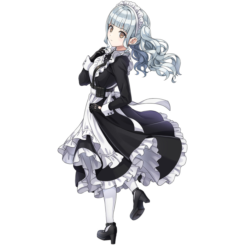 1girl, alternate_costume, apron, black_dress, black_gloves, blunt_bangs, breasts, brown_eyes, dolphin_wave, dress, frilled_apron, frills, game_cg, gloves, grey_hair, high_heels, highres, long_hair, looking_at_viewer, looking_back, maid, maid_apron, maid_headdress, medium_breasts, nagato_mei, non-web_source, official_alternate_costume, official_art, ootomo_takuji, puffy_sleeves, transparent_background, twintails, waist_apron, wavy_hair, white_apron