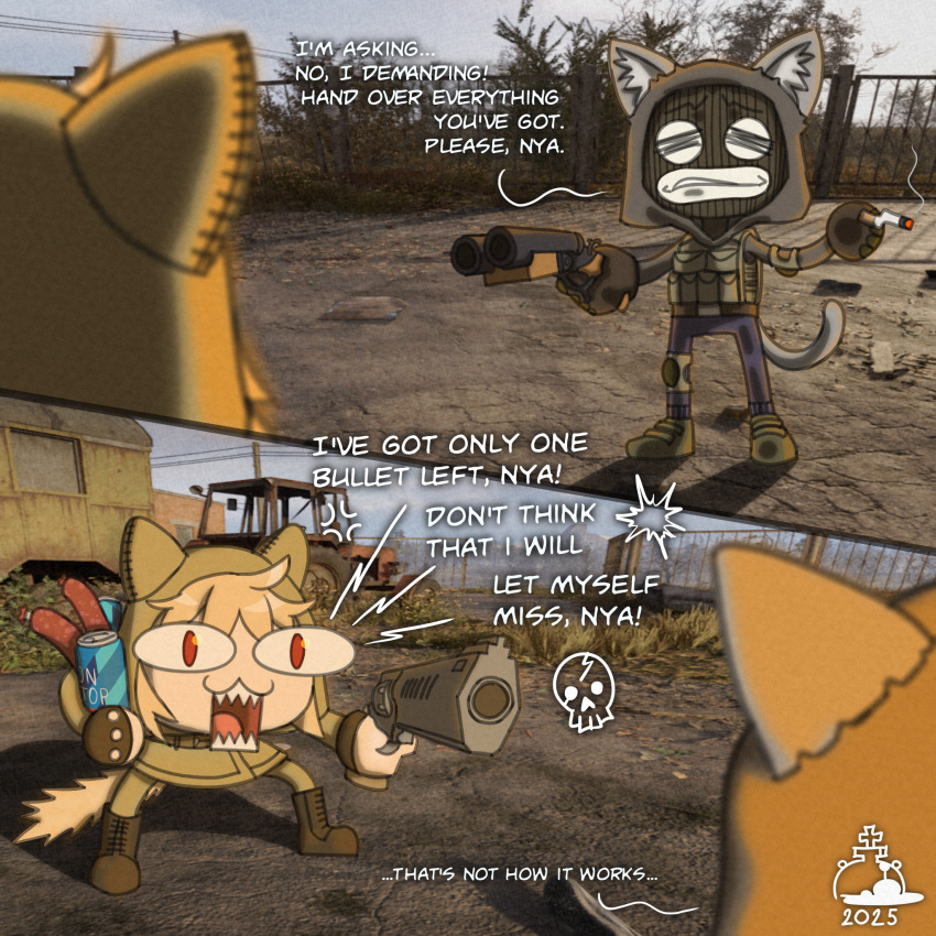 1boy, 1girl, 2025, adapted_costume, aiming, antykvarnyy_kalamar, bandit, crossover