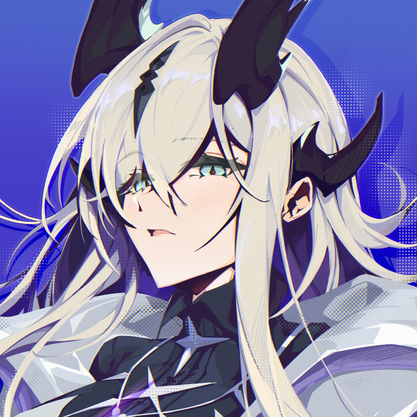 1girl, absurdres, aqua_eyes, arknights, black_horns, black_shirt, collared_shirt, commentary_request, diamond-shaped_pupils, diamond_(shape), eblana_(arknights), eyes_visible_through_hair, grey_hair, hair_between_eyes, halftone, highres, horns, long_hair, looking_at_viewer, parted_lips, portrait, purple_background, shadow, shio_sakana, shirt, solo, symbol-shaped_pupils